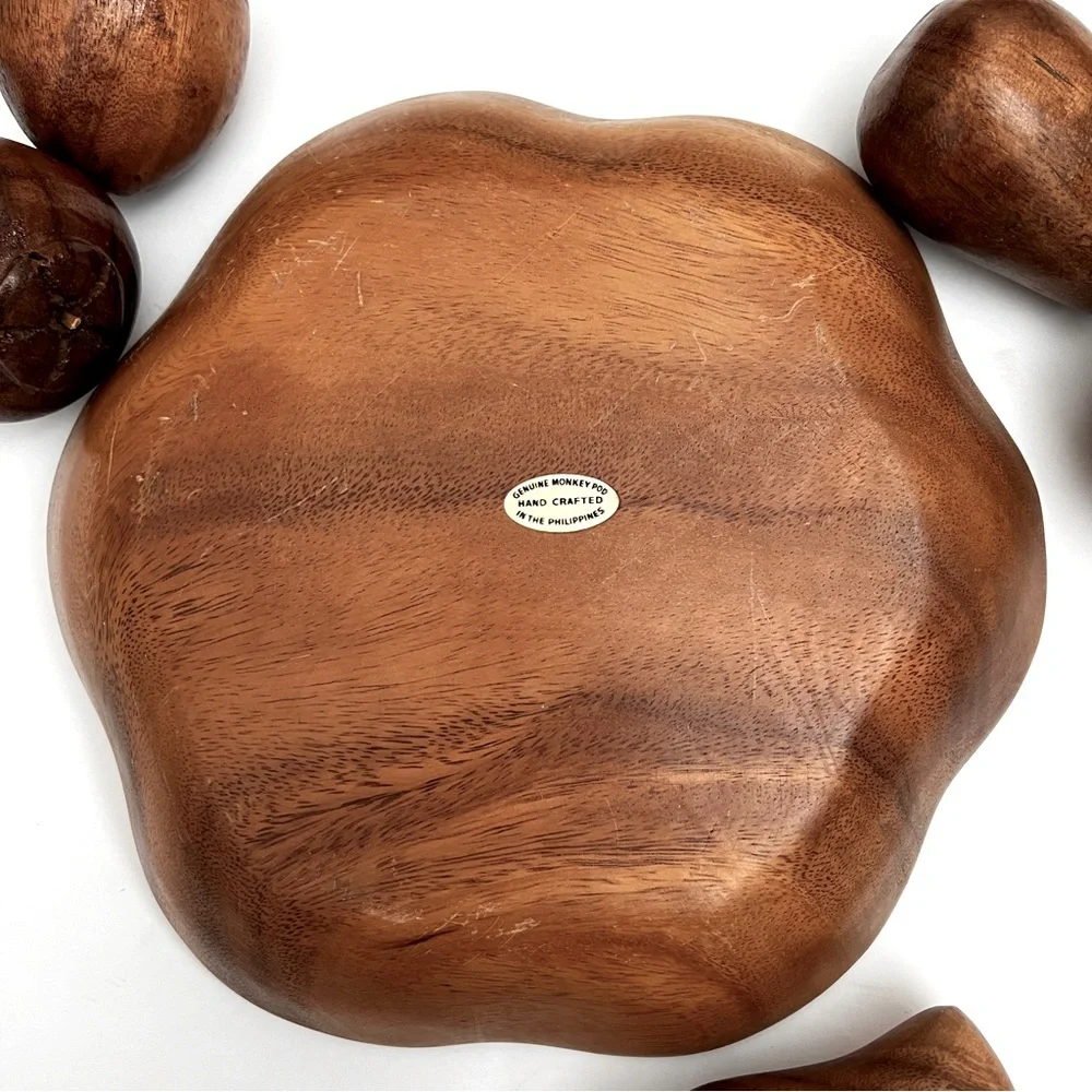 Vintage MCM Genuine Monkey Pod Wooden Bowl with 5-Piece Wood Fruit Home …